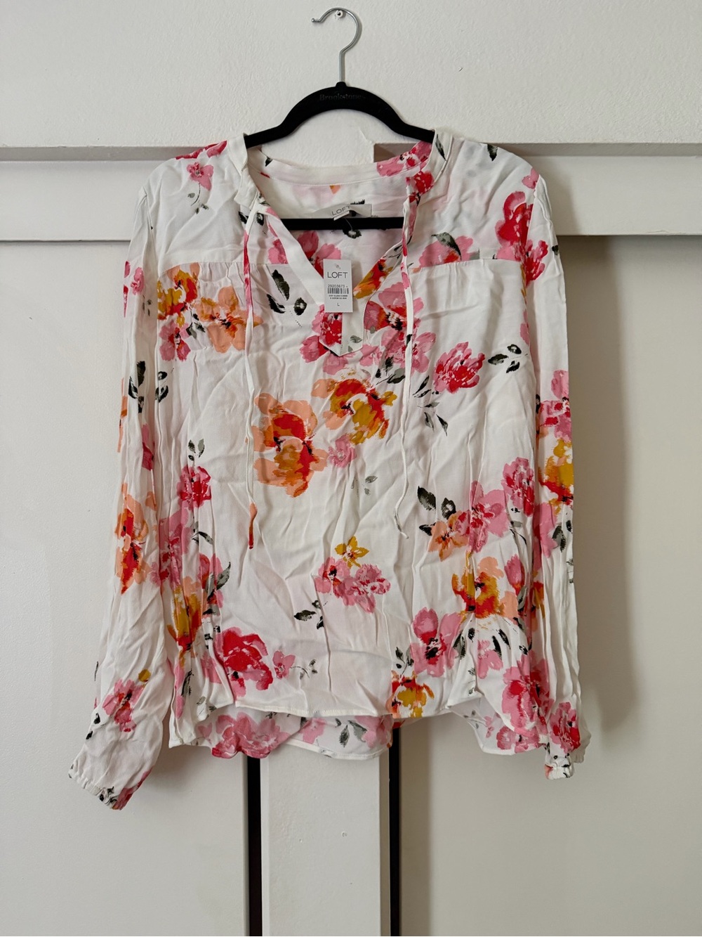 LOFT White Floral Tie-Front Blouse with Pink and Orange Blooms